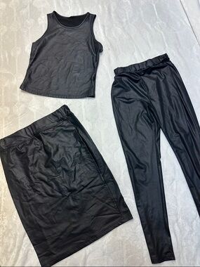 Black Faux Leather Tank, Skirt & Leggings Set